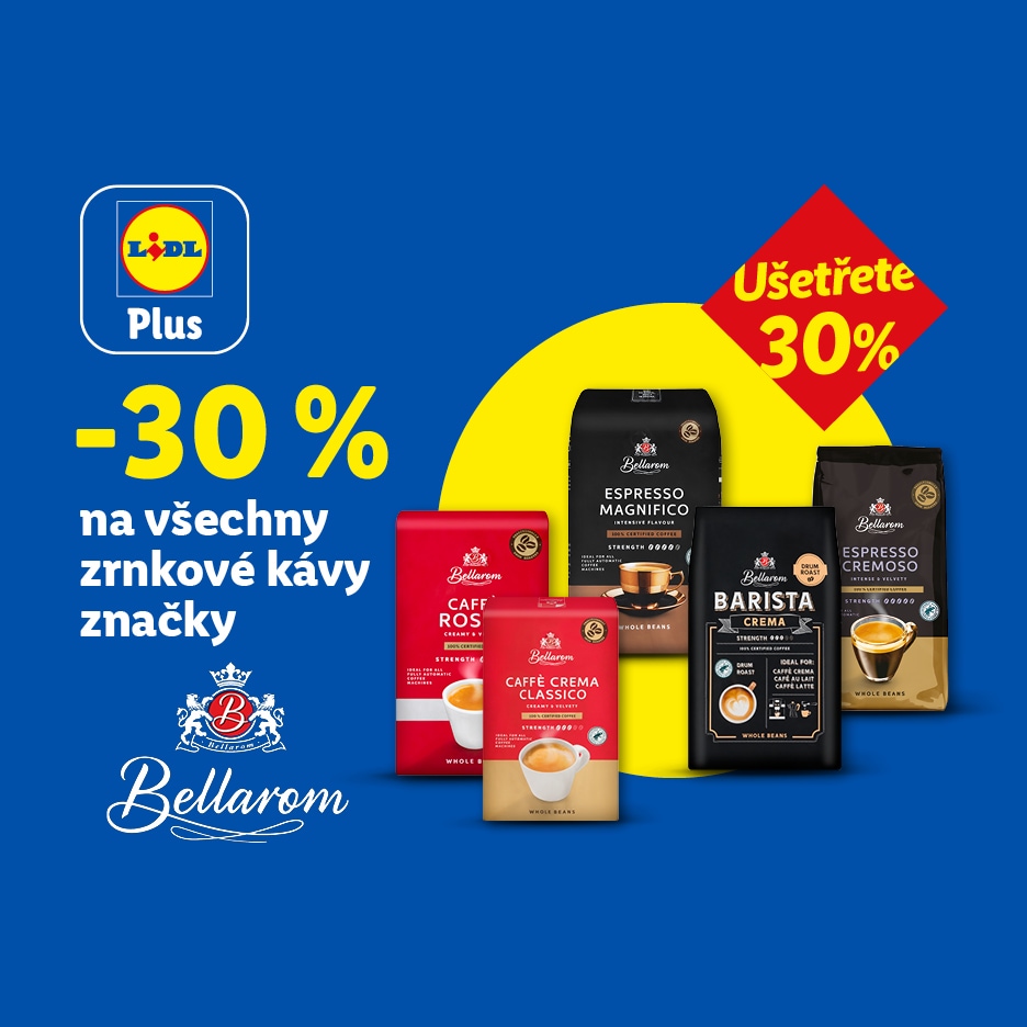 Reklama na kávová zrna se slevou 30 % na různé druhy, včetně Espresso Magnifico a Barista Crema.