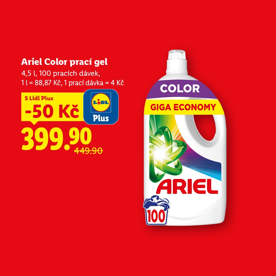 Prací gel na barevné prádlo, 4,5 l, 100 dávek, s cenou 399,90 Kč a slevou 50 Kč pro Lidl Plus.