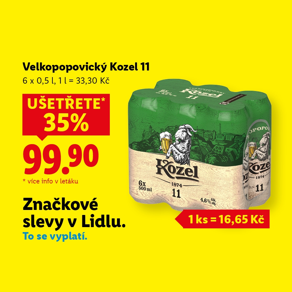 Reklama na pivo v plechovkách s 35% slevou za 99,90 Kč.