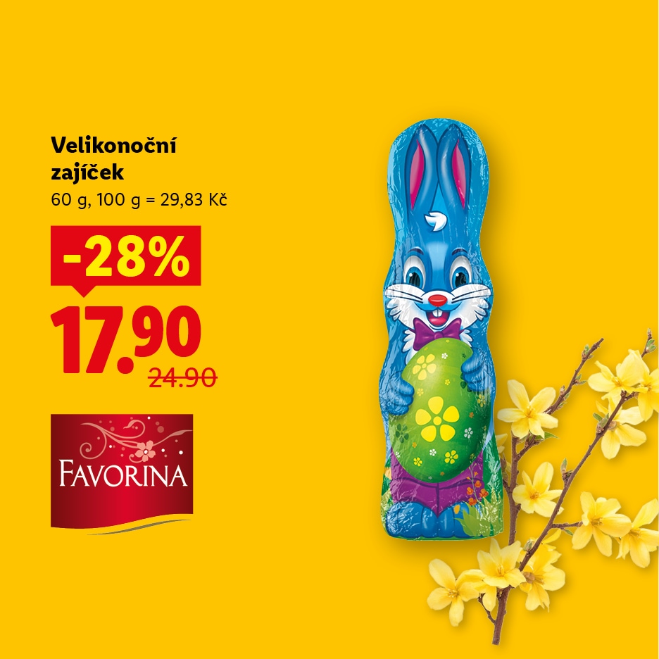 Velikonoční zajíček v modrém obalu s velikonočním vajíčkem, sleva 28% na 17,90 Kč.