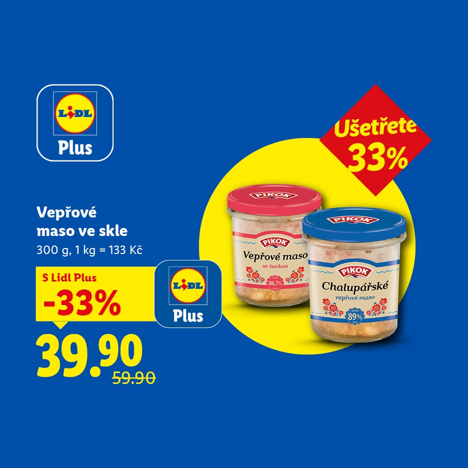 Akční nabídka na vepřové maso ve skle s 33% slevou za 39.90 Kč.