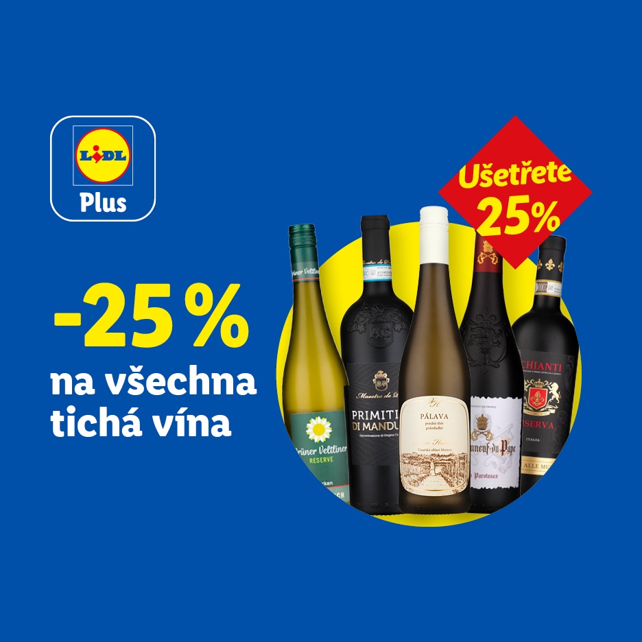Lidl Plus: Sleva 25 % na všechna tichá vína, s výběrem bílých a červených lahví.