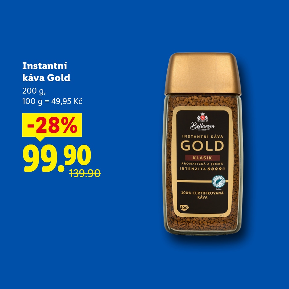 Sklenice instantní kávy Gold s cenou 99,90 Kč, původně 139,90 Kč, se slevou 28 %.