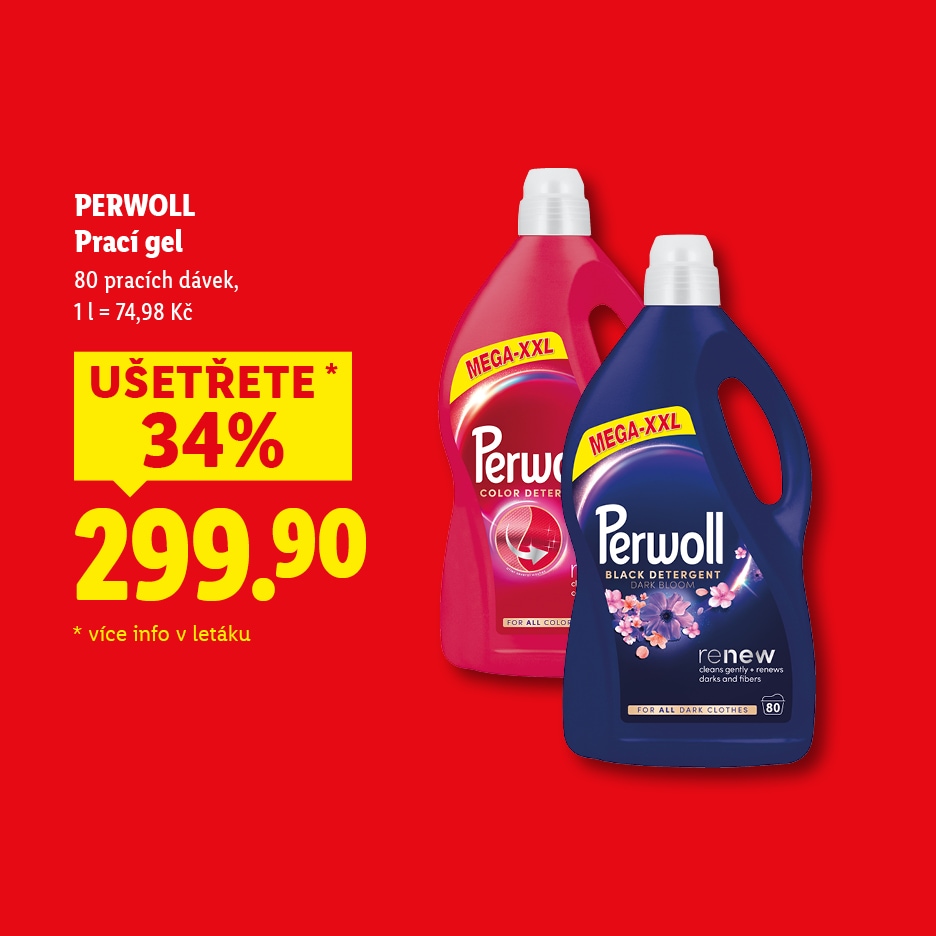 Dva velké gely na praní, jeden na barevné a druhý na tmavé prádlo, s cenou 299,90 Kč a slevou 34 %.