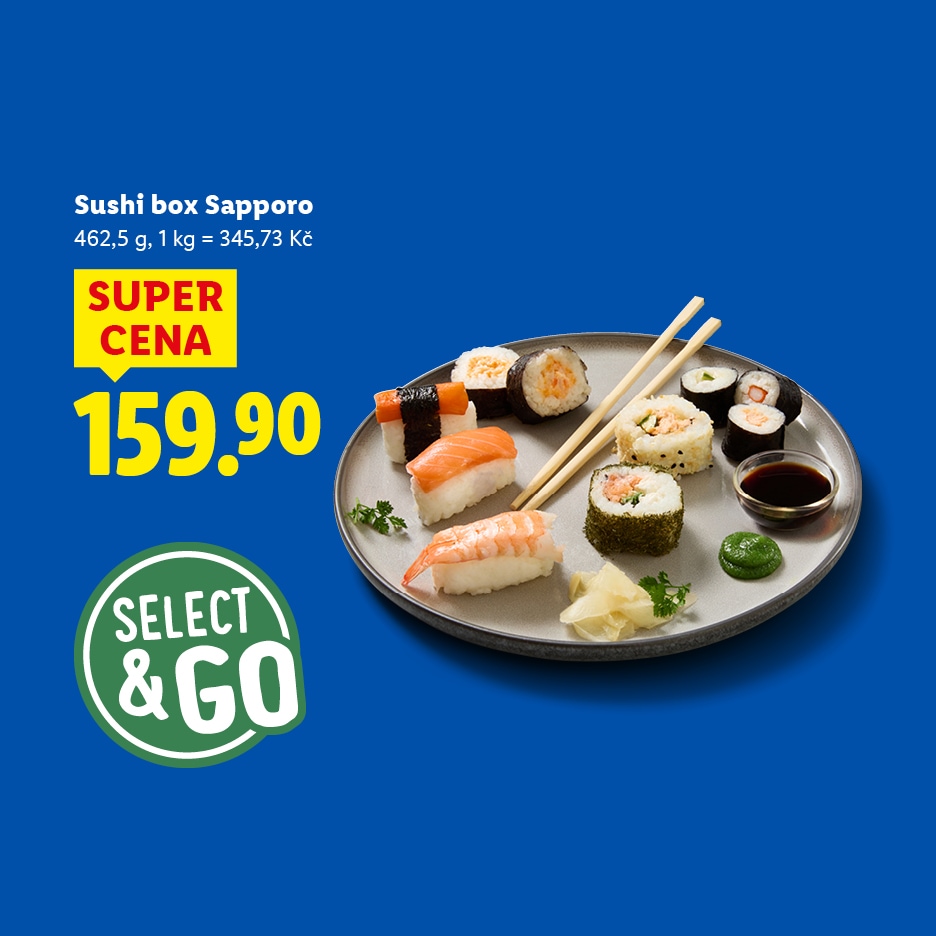 Sushi box Sapporo s různými druhy sushi, hůlkami a omáčkami, cena 159.90 Kč.