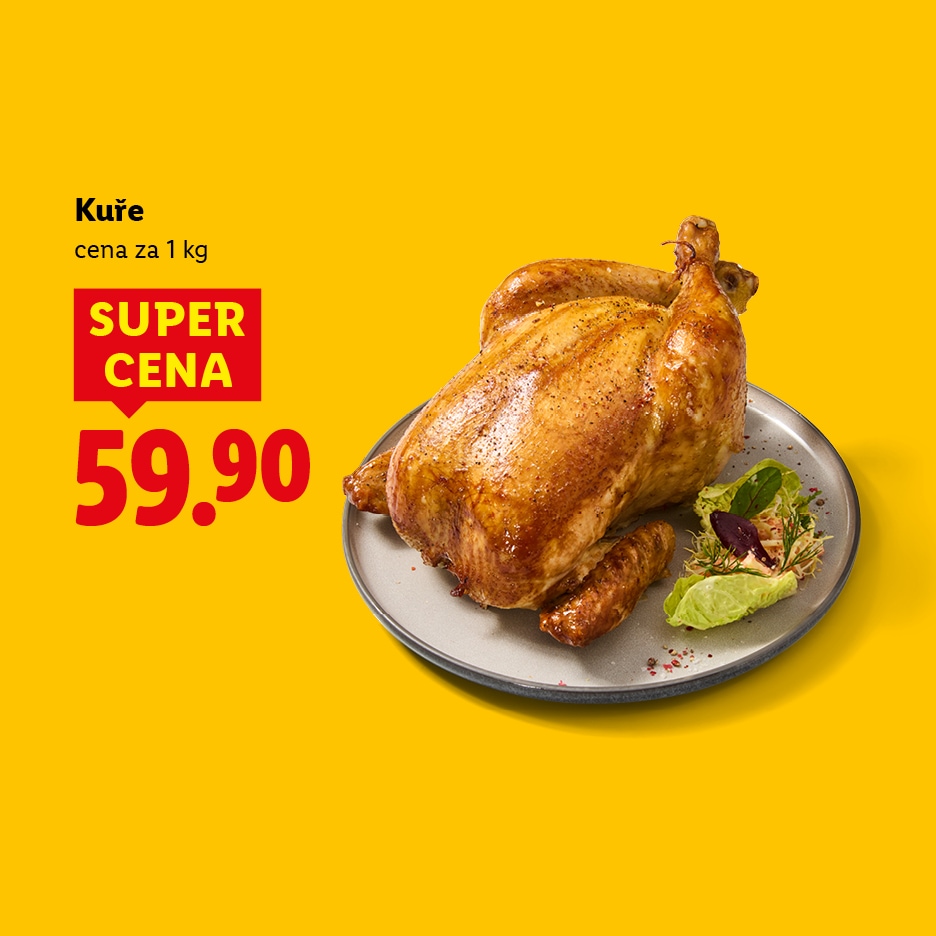 Pečené kuře na talíři s cenou 59.90 za 1 kg.