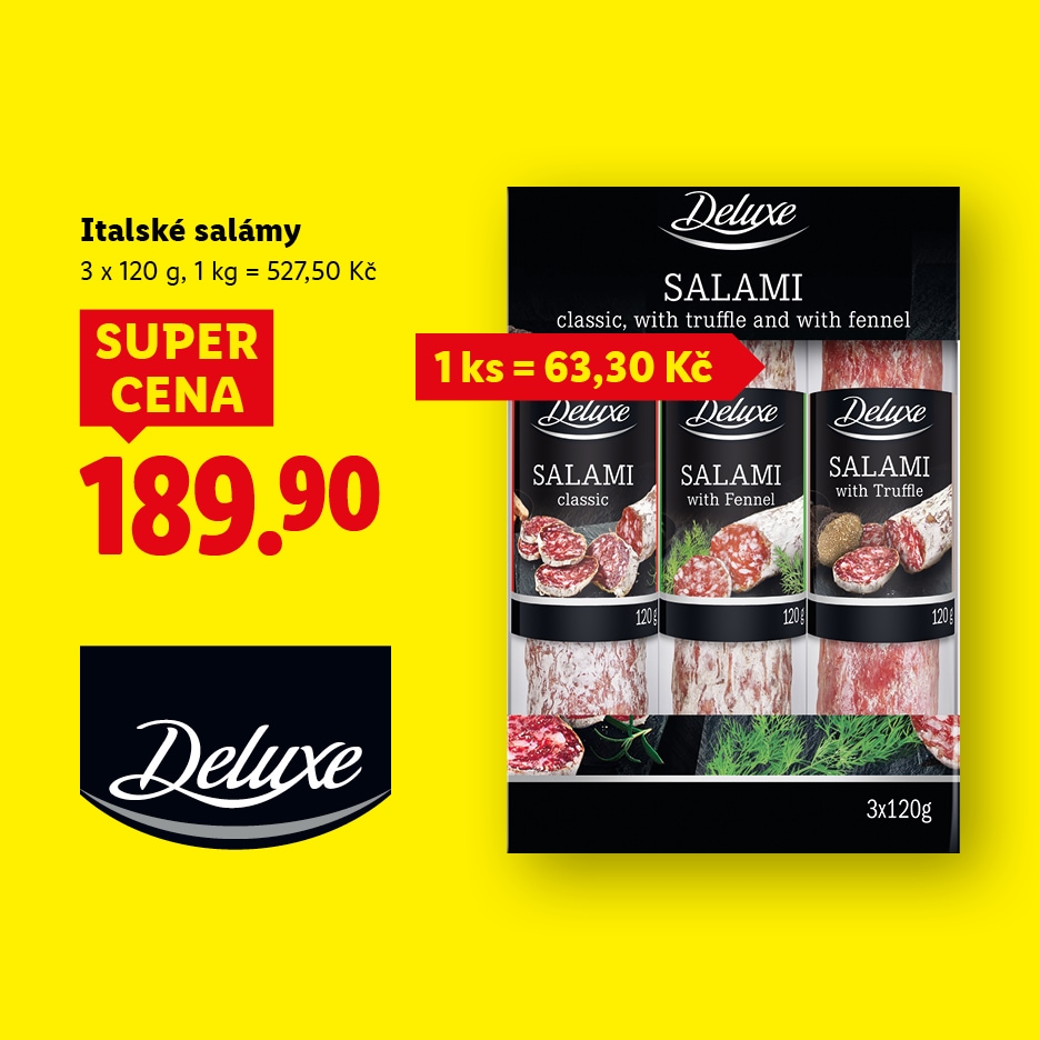 Akční nabídka na italské salámy v balení 3x120g za 189,90 Kč.