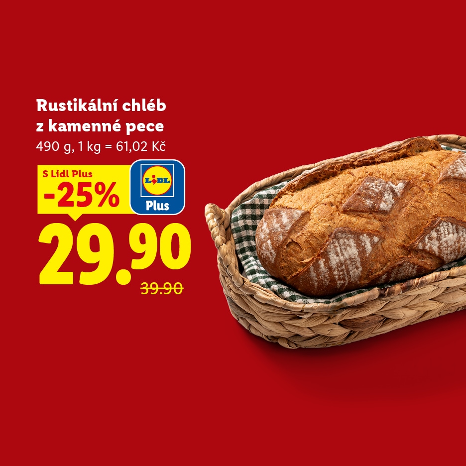 Rustikální chléb z kamenné pece v proutěném koši, sleva 25 % na 29,90 Kč.