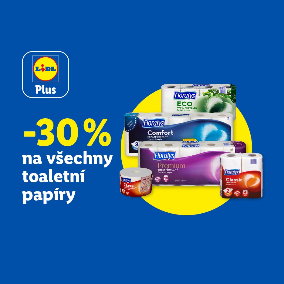 Sleva 30 % na všechny toaletní papíry, včetně ekologických a prémiových variant.