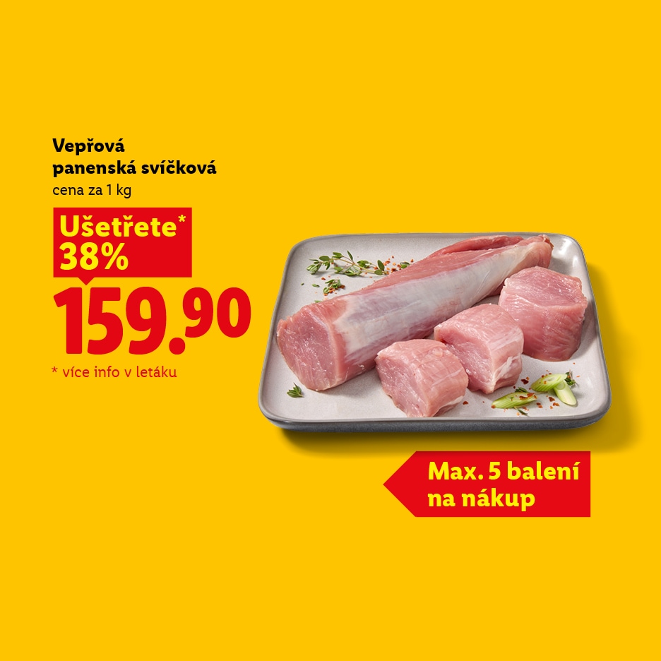 Vepřová panenská svíčková za 159.90 Kč, ušetříte 38%, maximálně 5 balení na nákup.