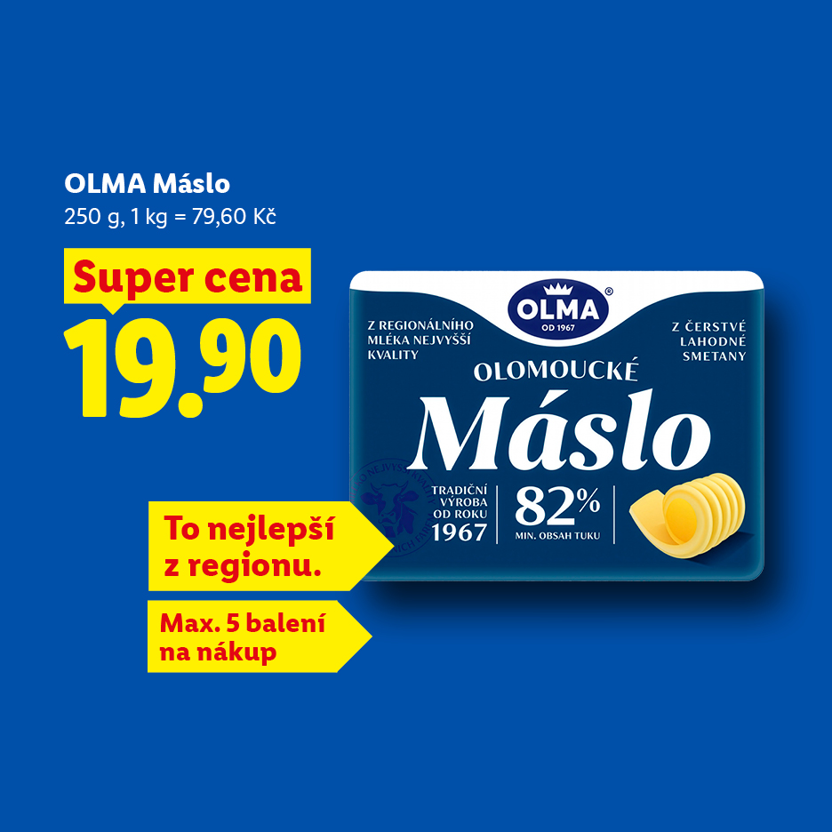 Akční nabídka másla 250g za 19,90 Kč, s omezením na 5 balení na nákup.
