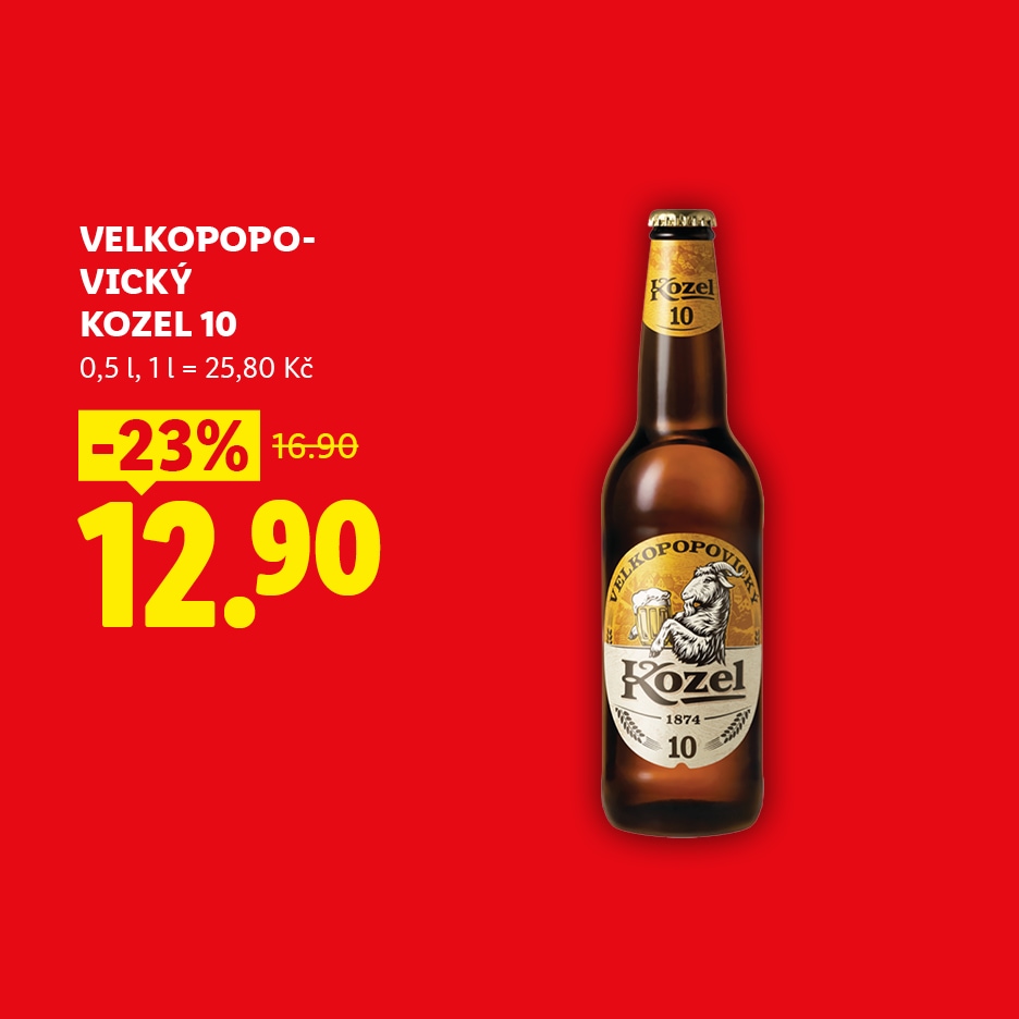 Světlé pivo v lahvi s kozlem na etiketě, zlevněné o 23 % na 12,90 Kč.