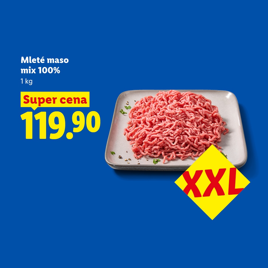 Mleté maso mix 100% v balení 1 kg za super cenu 119.90, s označením XXL.