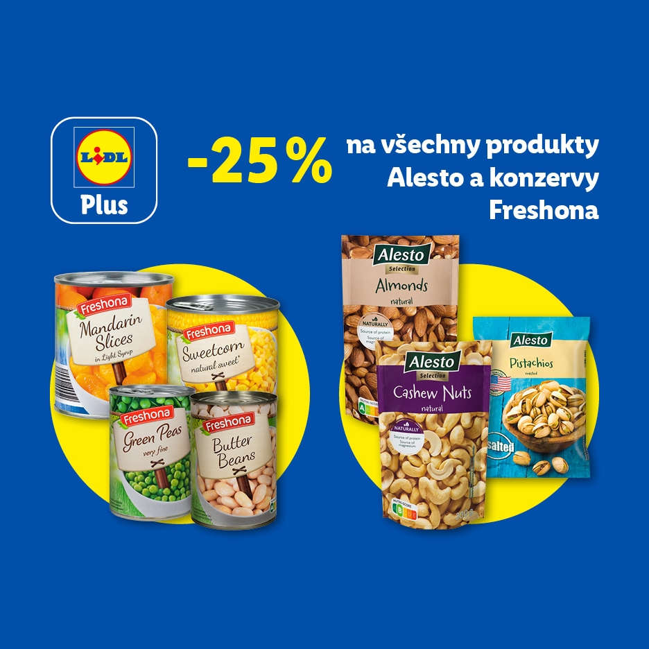 Sleva 25 % na konzervované ovoce, zeleninu a ořechy.