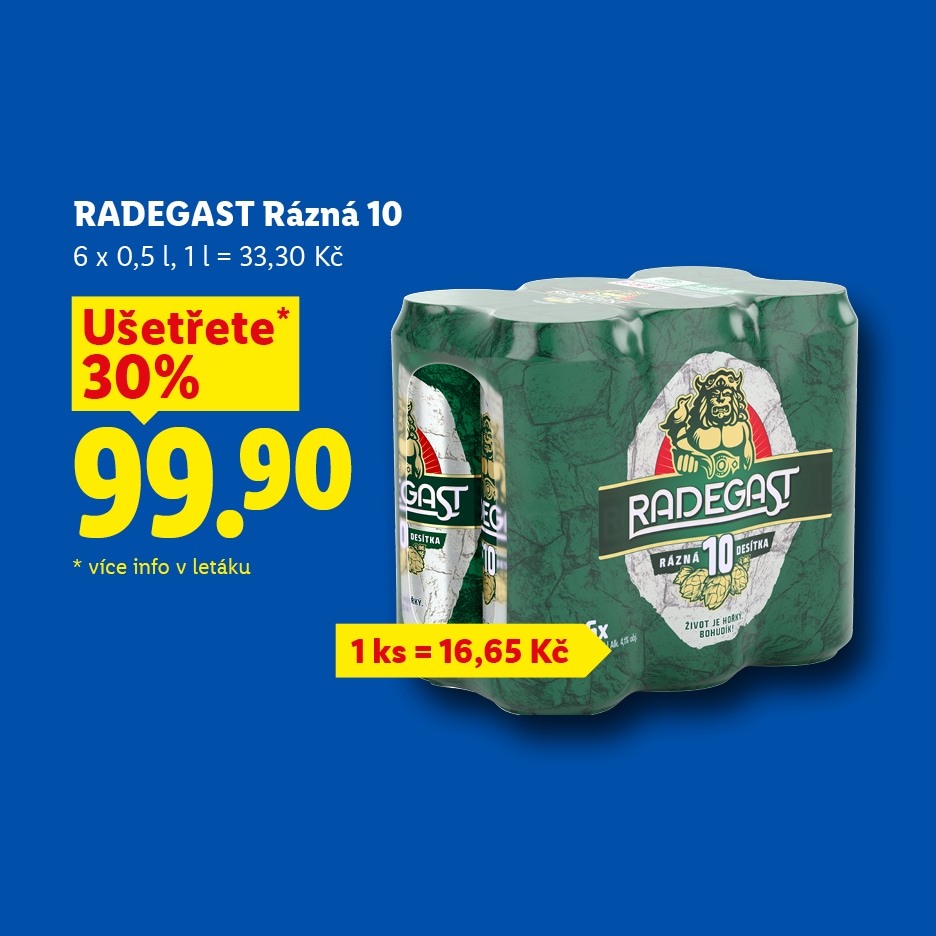 Reklama na pivo v plechovkách, balení 6x0,5l za 99,90 Kč, sleva 30 %.