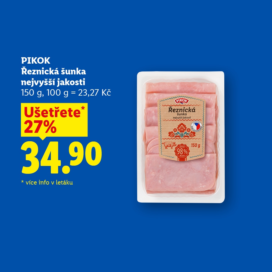 Balení šunky nejvyšší jakosti, 150 g, s cenou 34.90 Kč a slevou 27 %.