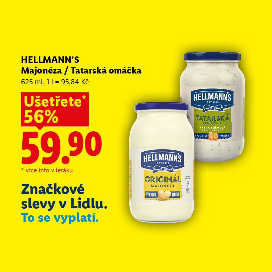 Akční nabídka na majonézu a tatarskou omáčku s 56% slevou za 59,90 Kč.