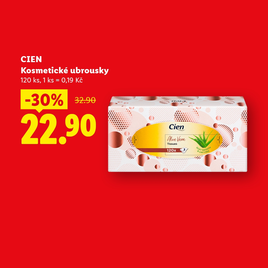 Kosmetické ubrousky s aloe vera, 120 kusů, se slevou 30 % za 22,90 Kč.
