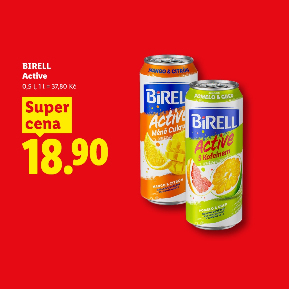 Dvě plechovky nealkoholického nápoje s příchutí manga a citronu a pomela a grepu, s cenou 18,90 Kč.