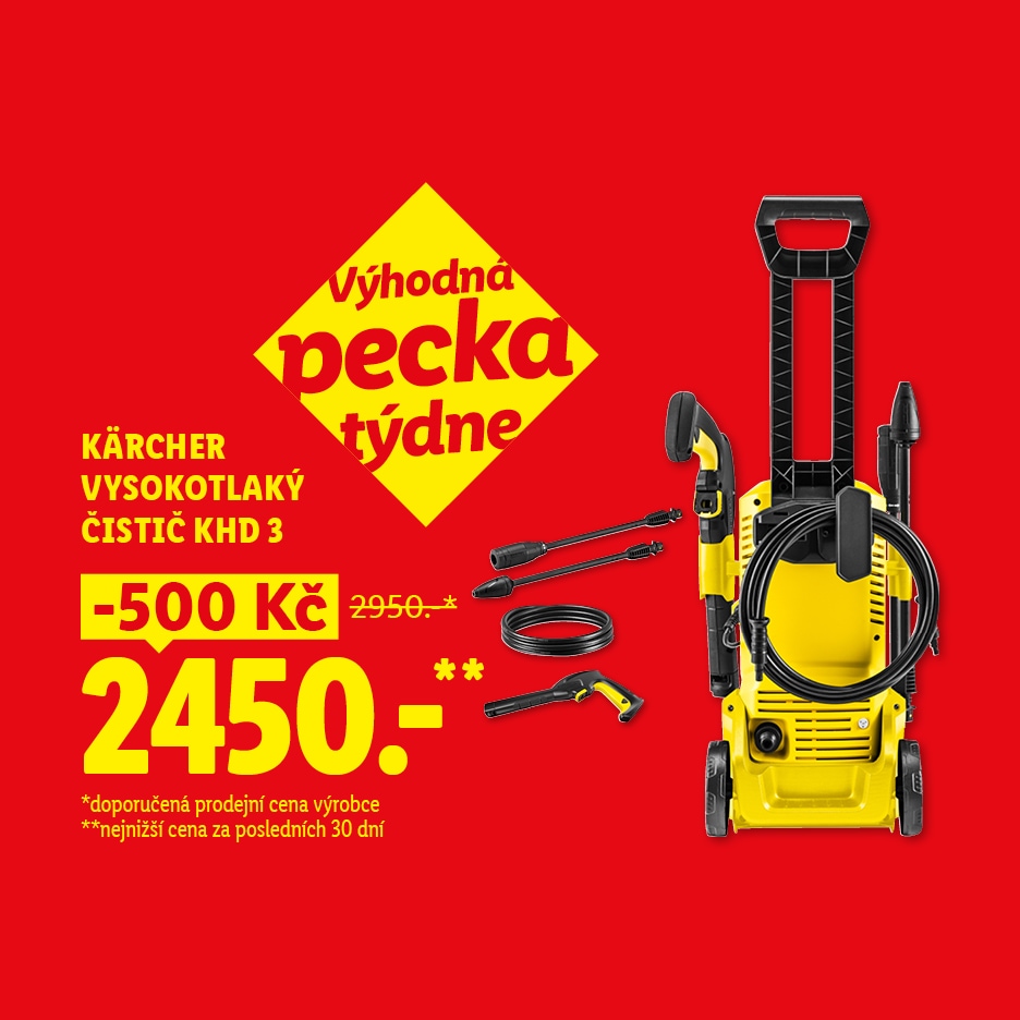Akční nabídka na žlutý vysokotlaký čistič s příslušenstvím, zvýrazněná jako 'Výhodná pecka týdne'.
