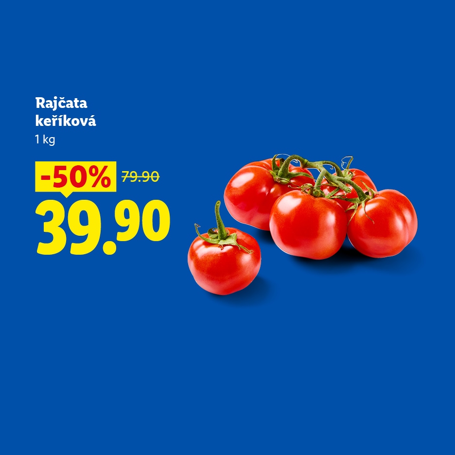 Červená rajčata na modrém pozadí s cenou 39,90 a slevou 50 %.