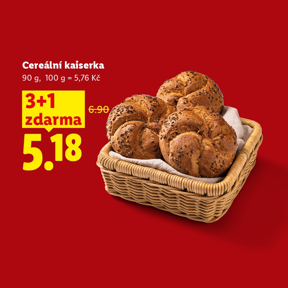 Cereální kaiserky v košíku s akční nabídkou 3+1 zdarma za 5,18 Kč.