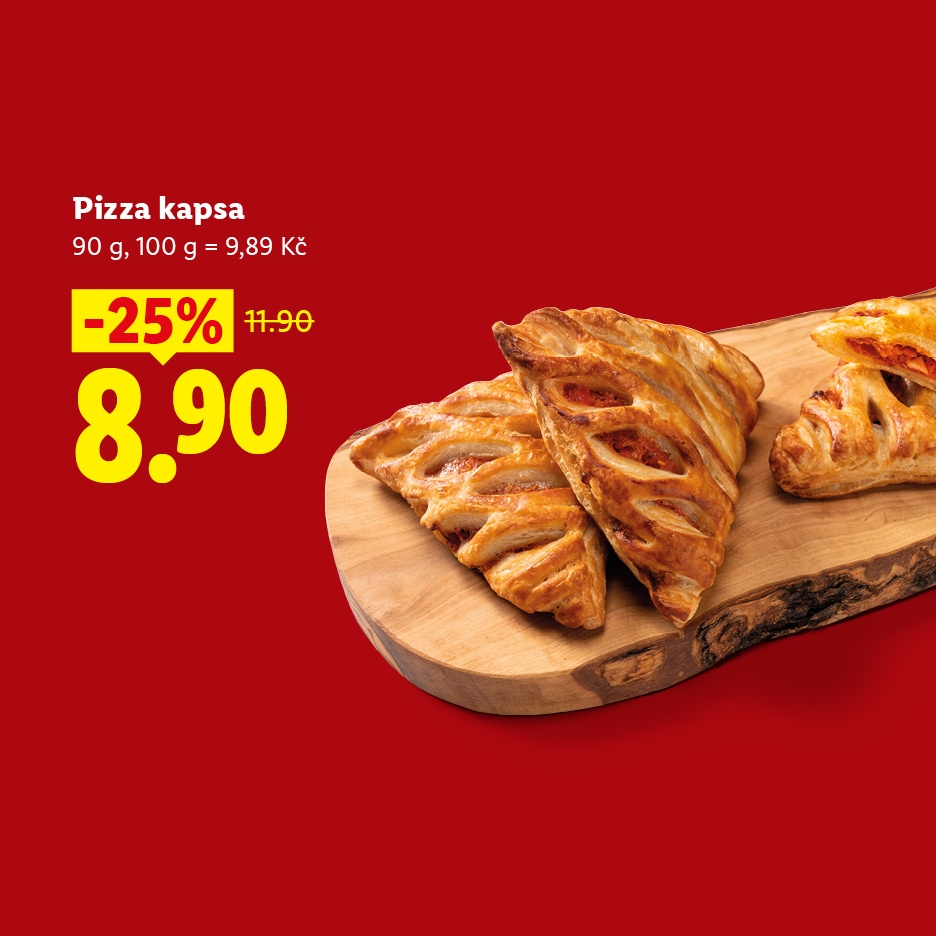 Pizza kapsa na dřevěném prkénku, s cenou 8,90 Kč a slevou 25 %.