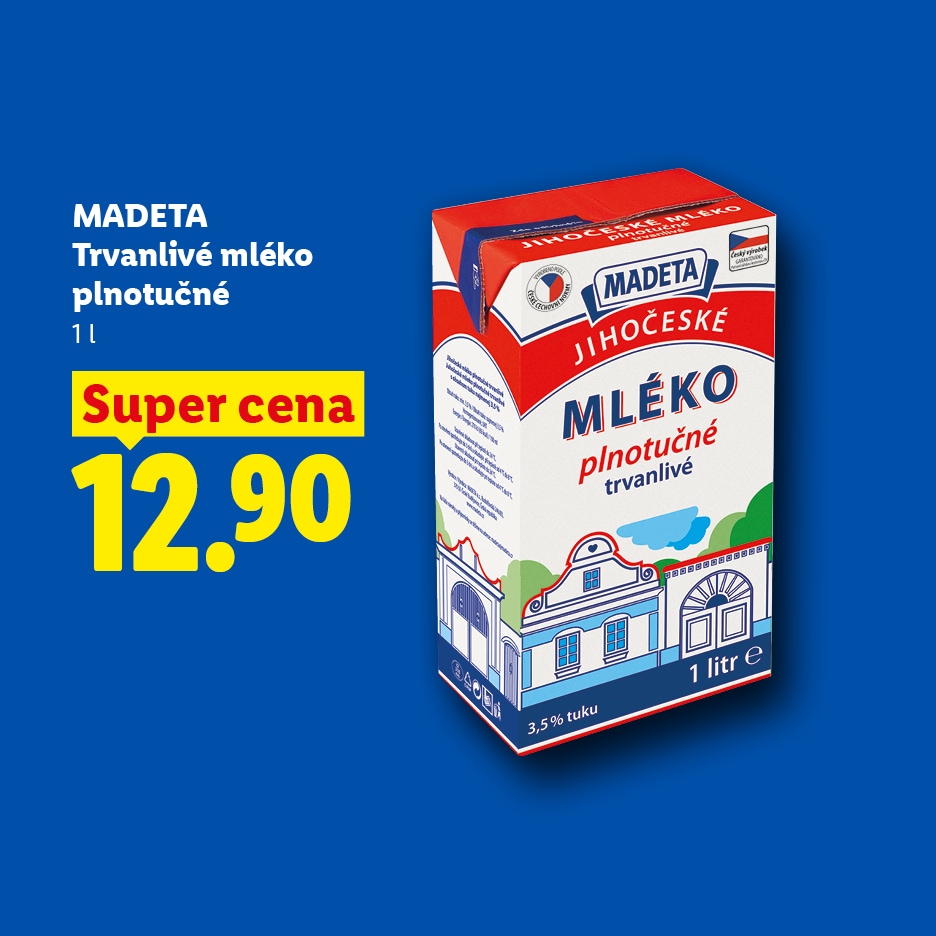 Karton plnotučného trvanlivého mléka o objemu 1 litr za akční cenu 12,90.