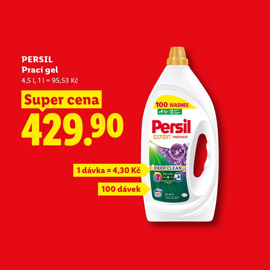 Reklama na prací gel s cenou 429,90 Kč za 4,5 litru, což odpovídá 100 dávkám.