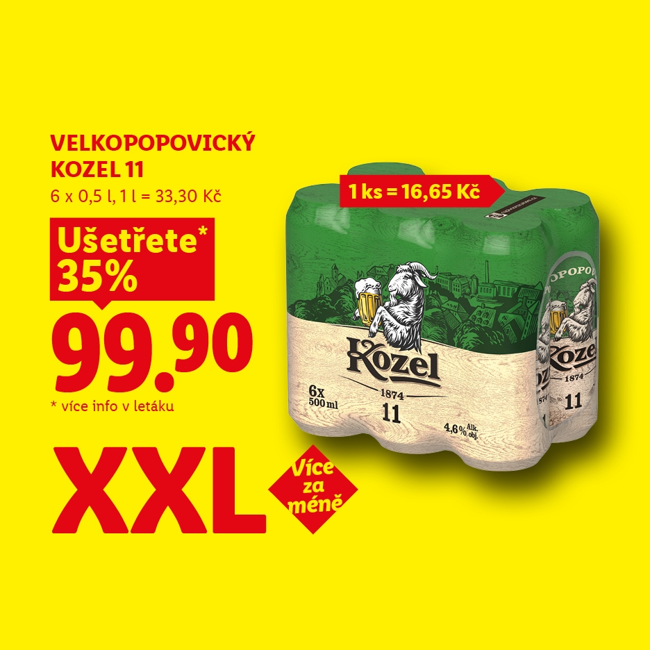 Šest balení piva v plechovkách s cenou 99,90 Kč, s 35% slevou a informací o ceně za kus.