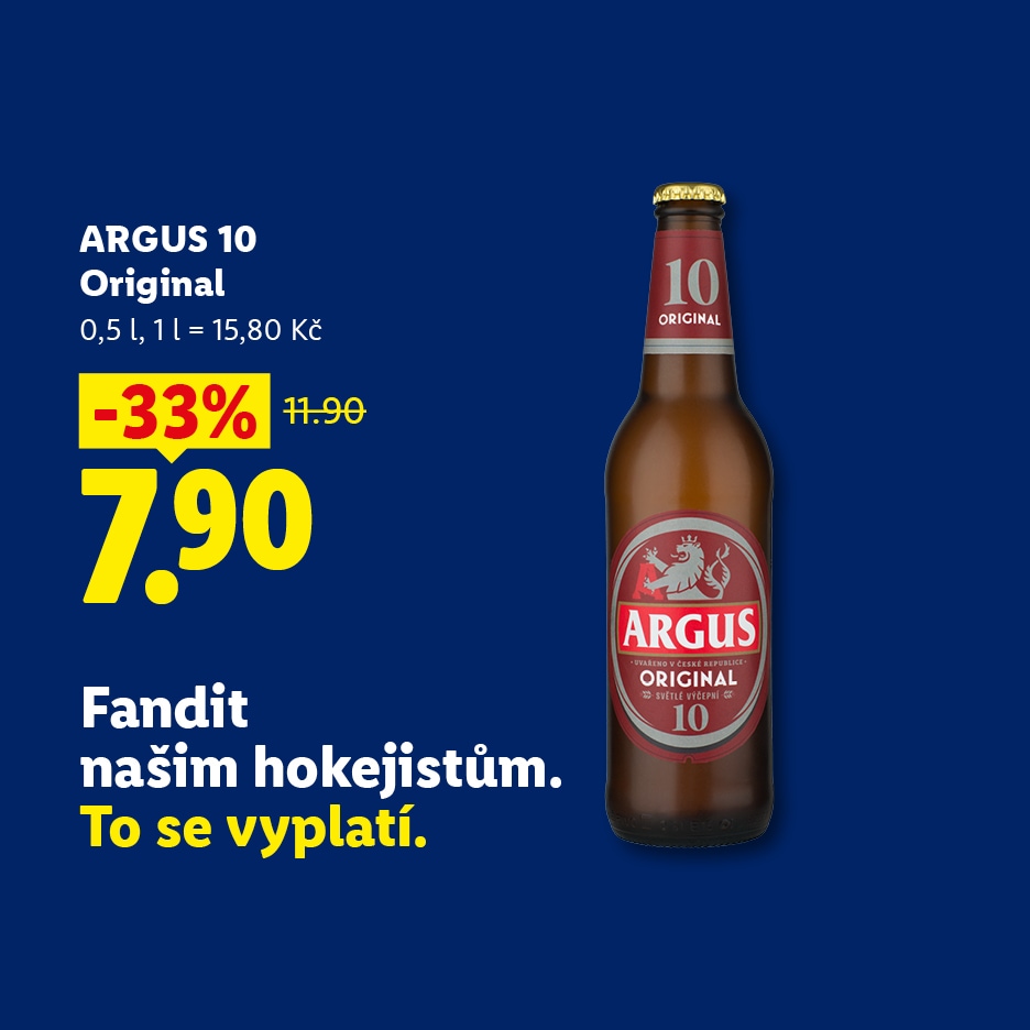 Pivo v lahvi s cenou 7,90 Kč, sleva 33 %, a textem „Fandit našim hokejistům. To se vyplatí.“