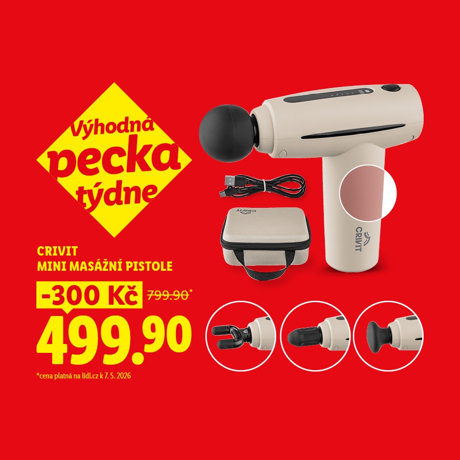 Mini masážní pistole s příslušenstvím, cena 499,90 Kč, sleva 300 Kč.