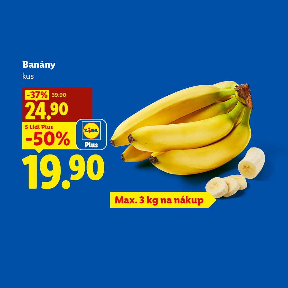 Reklama na banány s cenami 24,90 a 19,90, s omezením 3 kg na nákup.