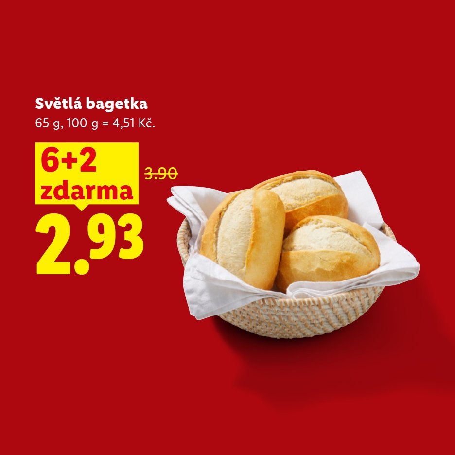 Reklama na světlé bagetky s nabídkou „6+2 zdarma“ a cenou 2,93 Kč, původně 3,90 Kč.