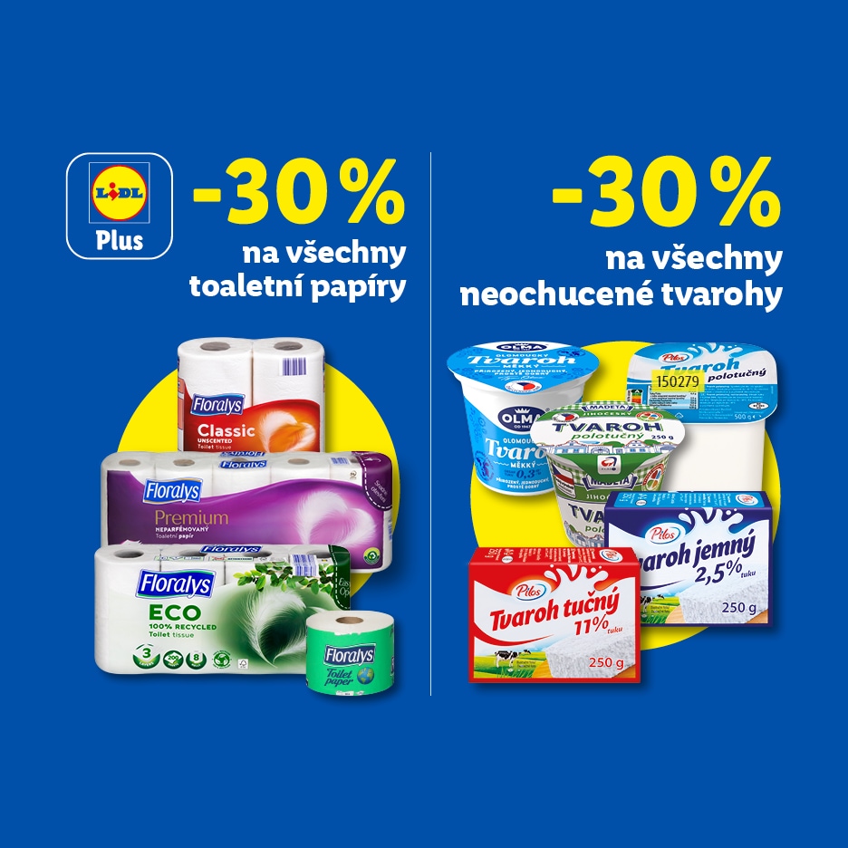 Propagační leták s 30% slevou na toaletní papíry a neochucené tvarohy.