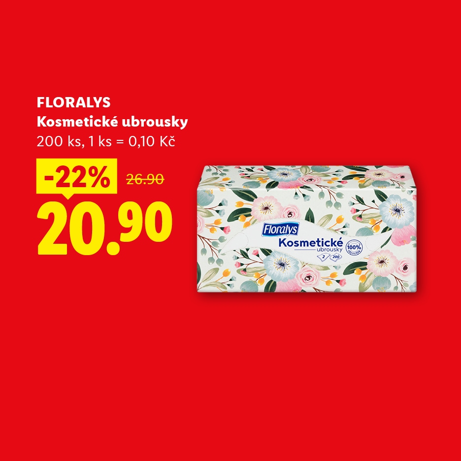 Balení kosmetických ubrousků s květinovým vzorem, cena 20,90 Kč, sleva 22 %.