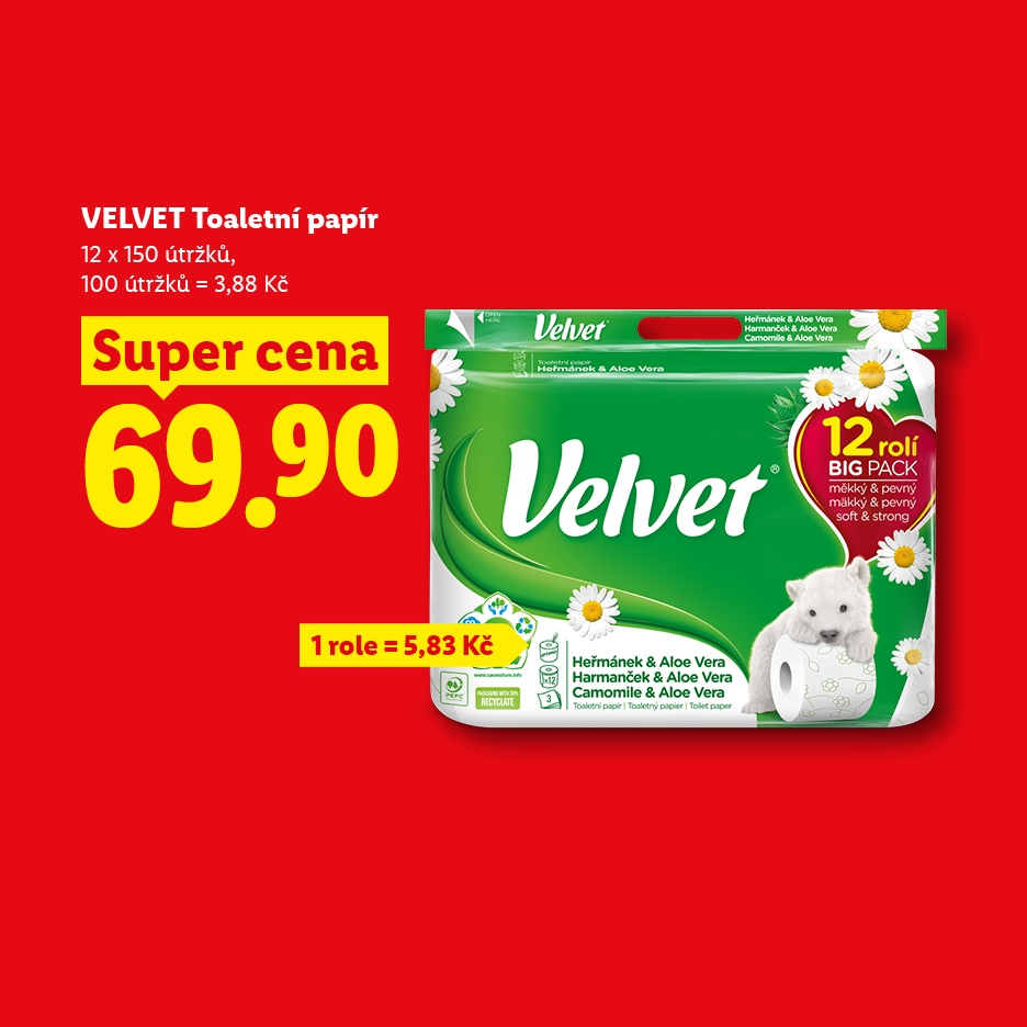 Balení 12 rolí toaletního papíru s heřmánkem a aloe vera za akční cenu 69,90 Kč.