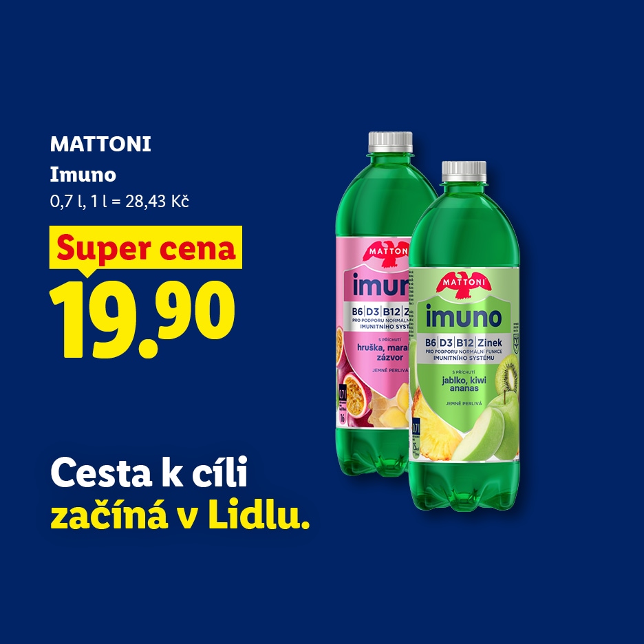 Dvě lahve perlivého nápoje s ovocnými příchutěmi, zvýrazněné cenou 19,90 Kč a sloganem „Cesta k cíli začíná v Lidlu.“