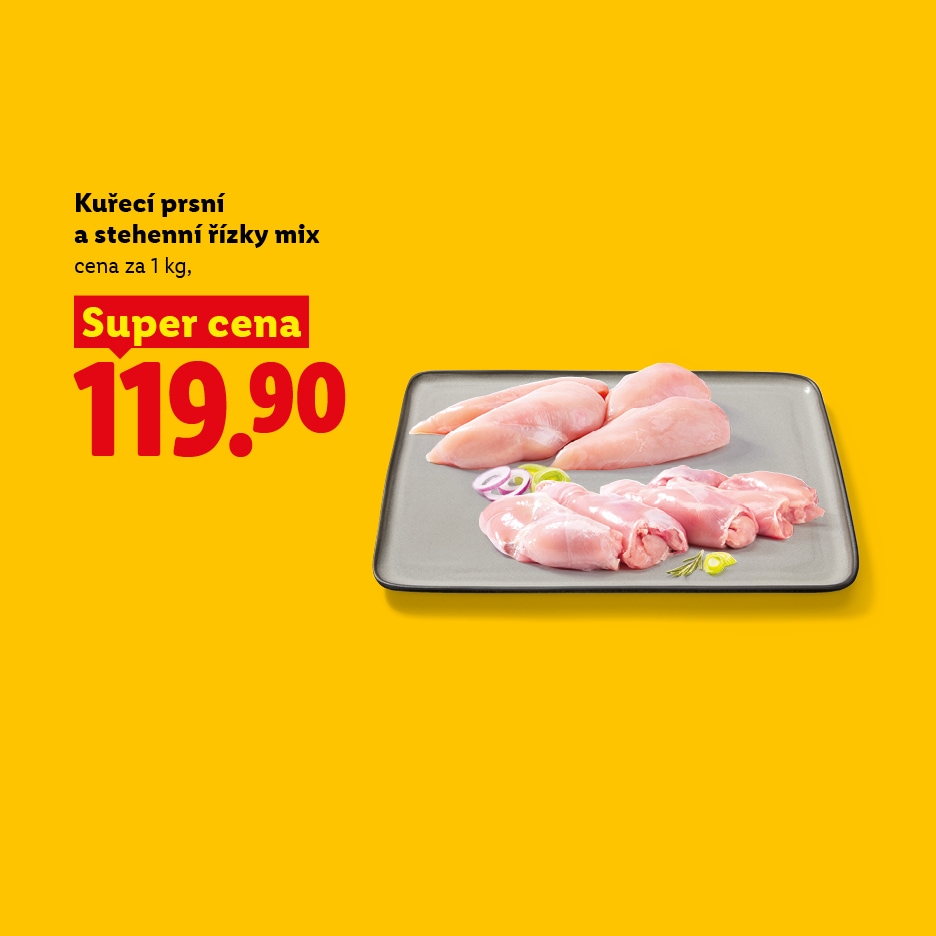 Kuřecí prsní a stehenní řízky mix za super cenu 119,90 Kč za 1 kg.