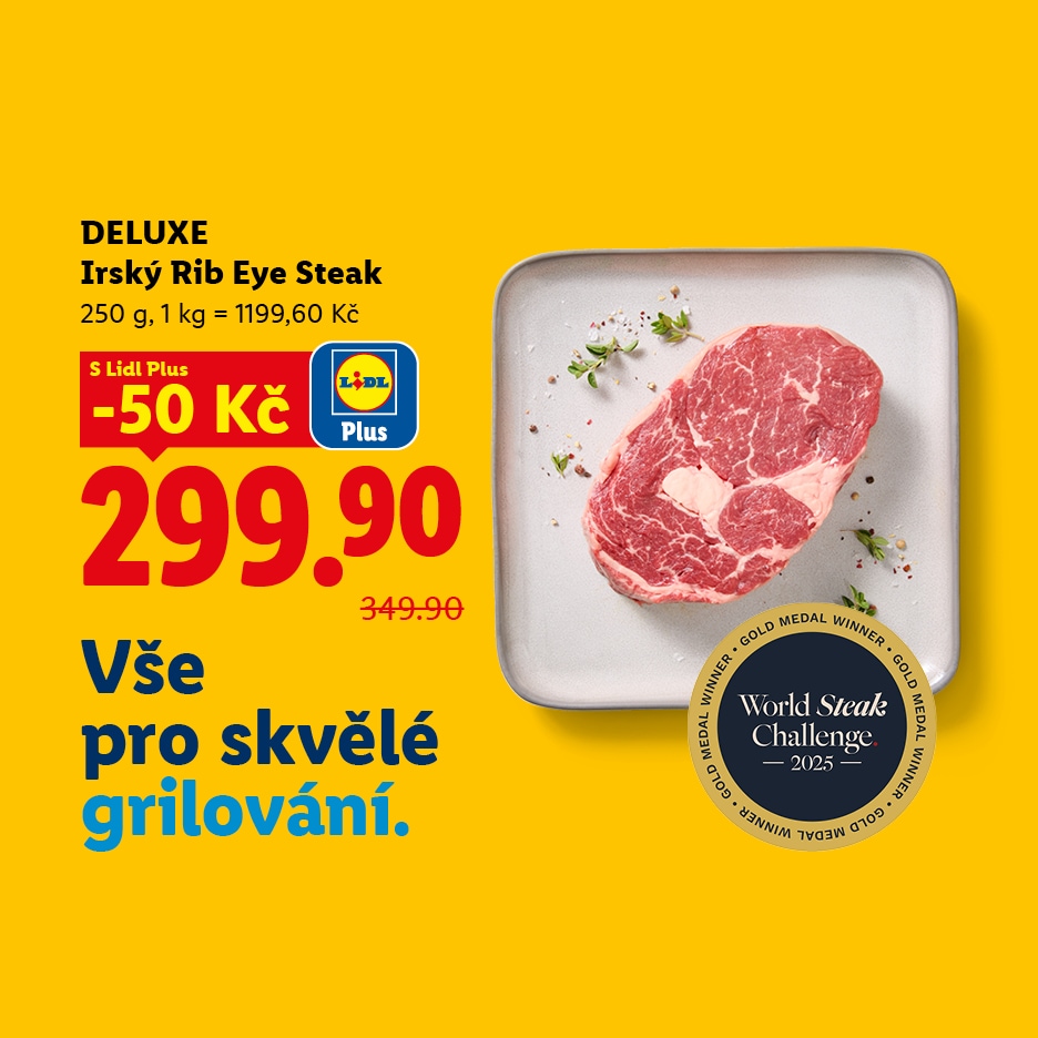 Nabídka na irský rib eye steak s cenou 299,90 Kč, původně 349,90 Kč, s 50 Kč slevou pro Lidl Plus.