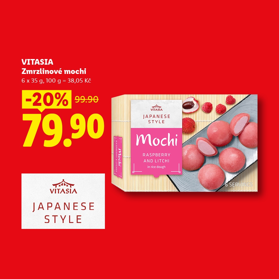 Mochi s příchutí maliny a liči v rýžovém těstě, 6 kusů, se slevou 20 % za 79,90 Kč.