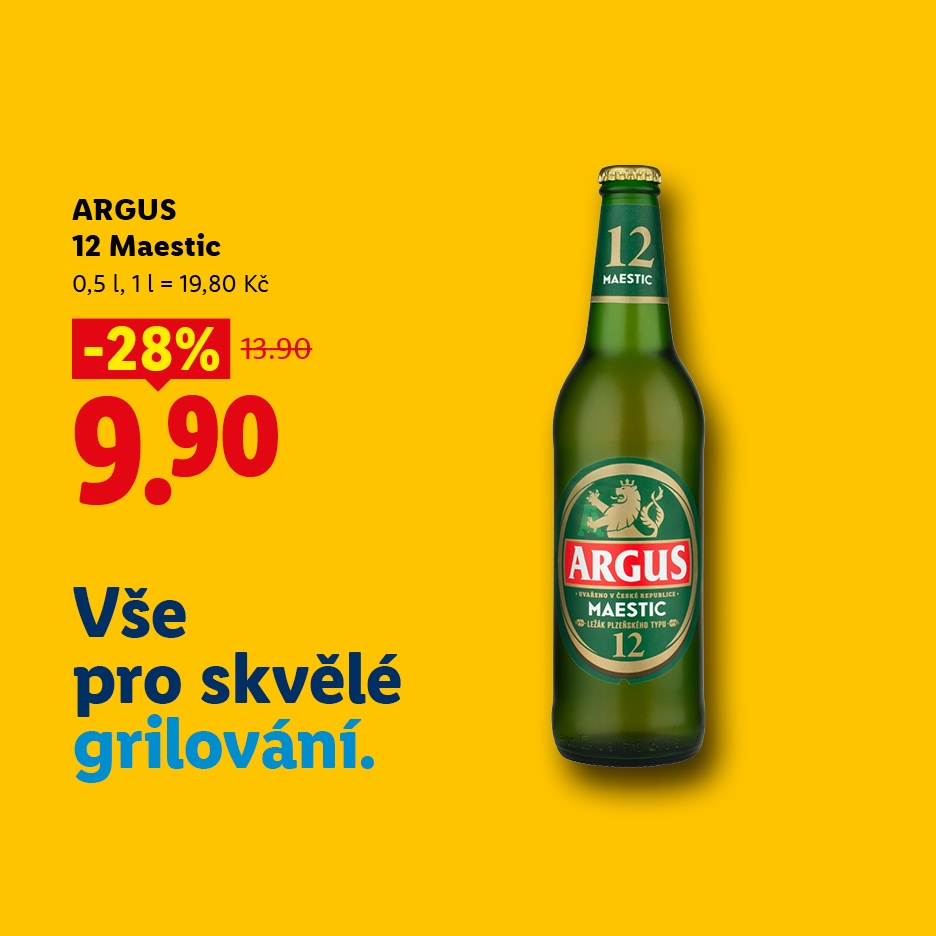 Zelená láhev piva s etiketou a textem o slevě na žlutém pozadí s textem 'Vše pro skvělé grilování'.
