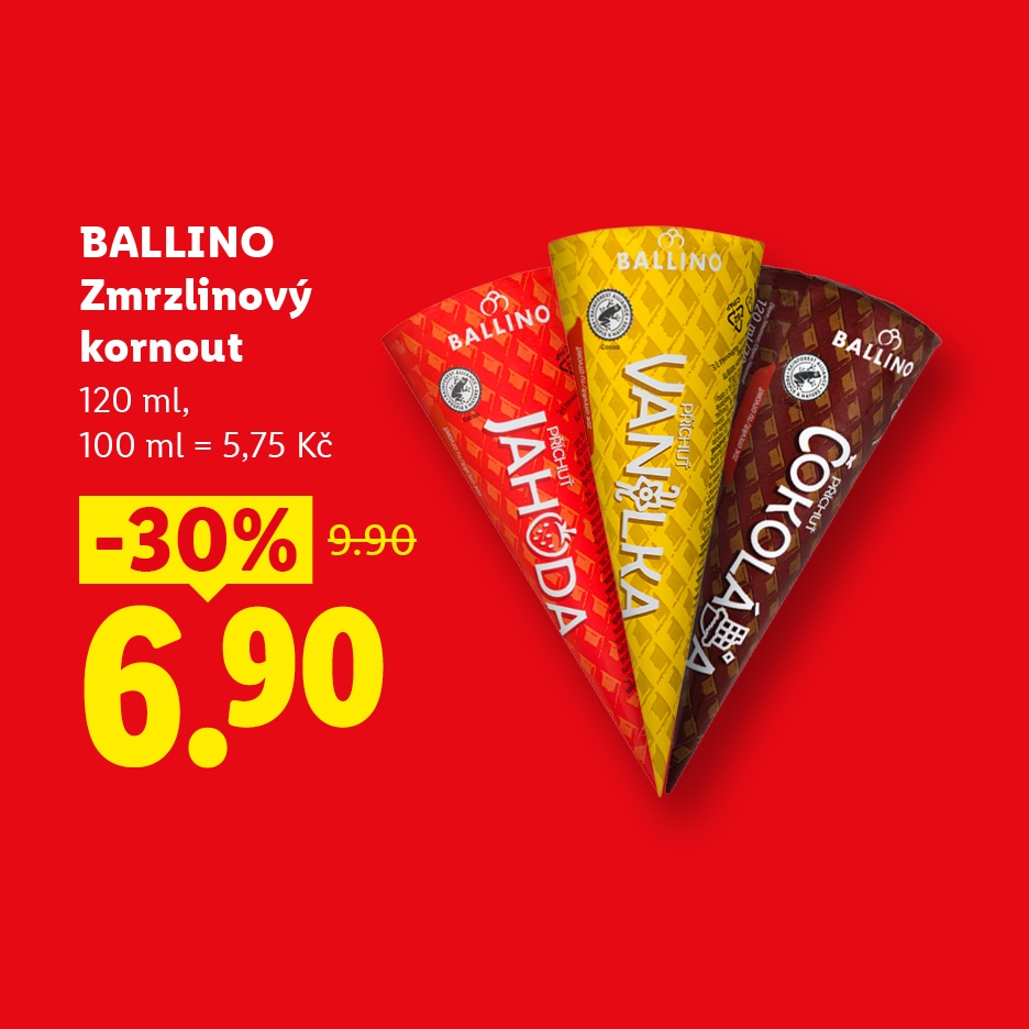 Zmrzlinové kornouty s příchutí jahody, vanilky a čokolády, se slevou 30 % za 6,90 Kč.