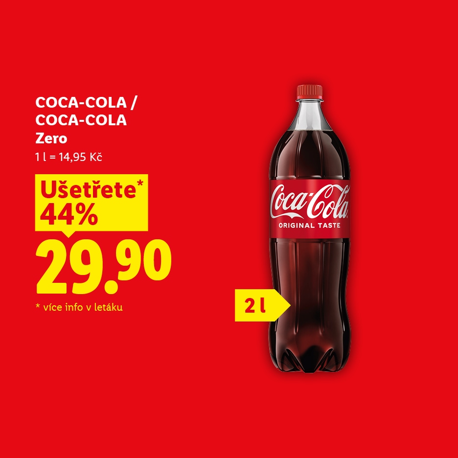 Láhev coly s nápisem „Ušetřete 44 %“ a cenou 29,90 Kč, s objemem 2 litry.