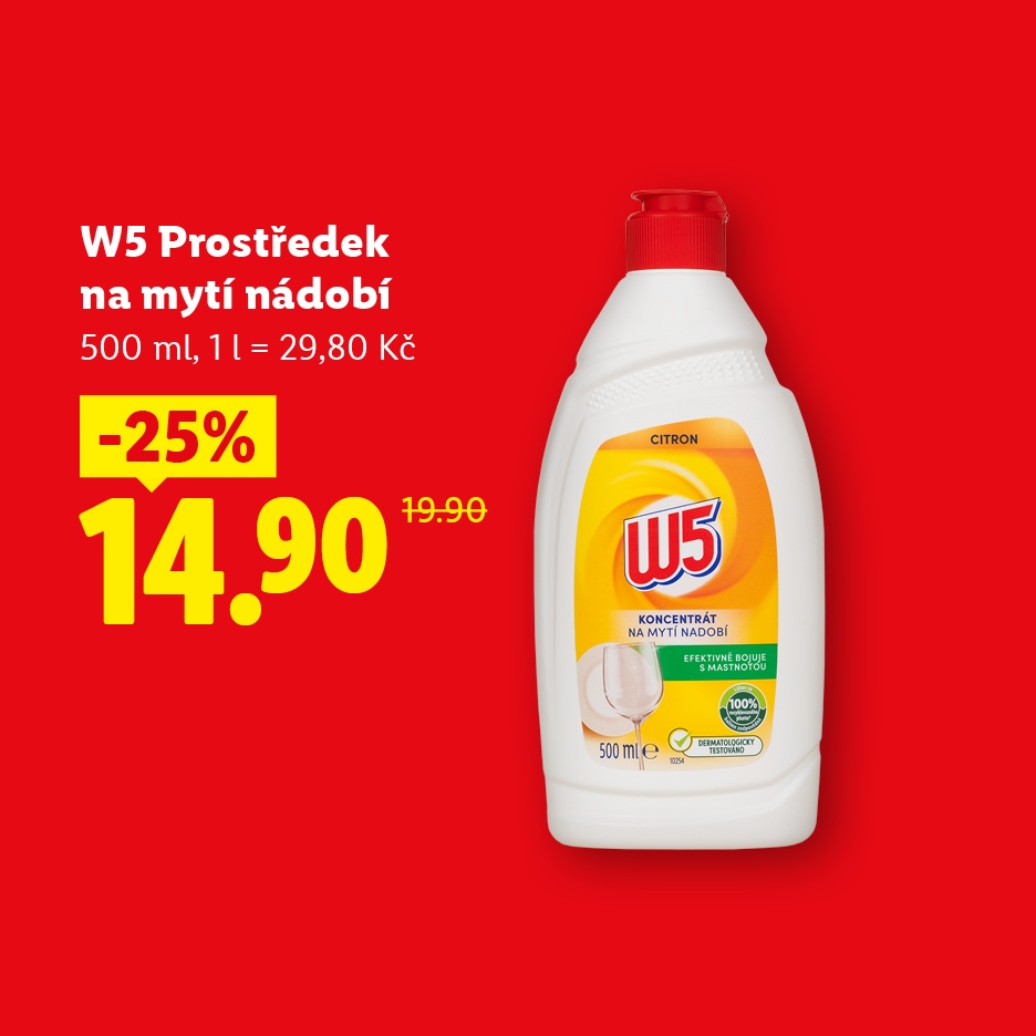 Bílý koncentrovaný prostředek na mytí nádobí s citronovou vůní, sleva 25 % na 14,90 Kč.
