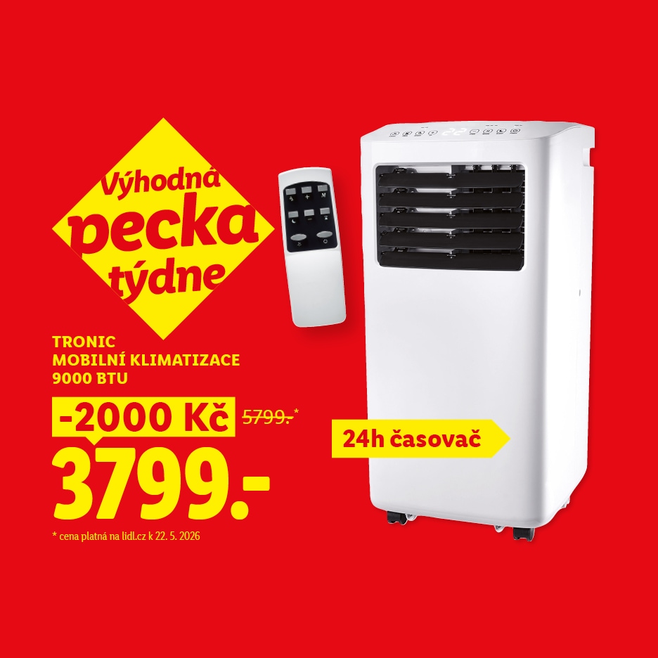 Bílý mobilní klimatizační systém s dálkovým ovládáním, zvýrazněný jako „výhodná pecka týdne“ s cenou 3799 Kč.