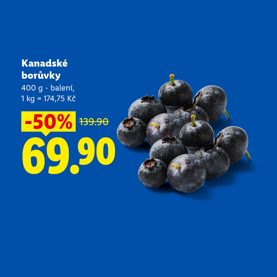 Kanadské borůvky, 400g balení, 50% sleva, nyní za 69,90 Kč.