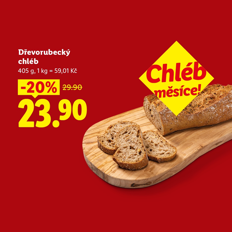 Dřevorubecký chléb na krájecím prkénku, se slevou 20 % za 23,90 Kč, označený jako „Chléb měsíce“.