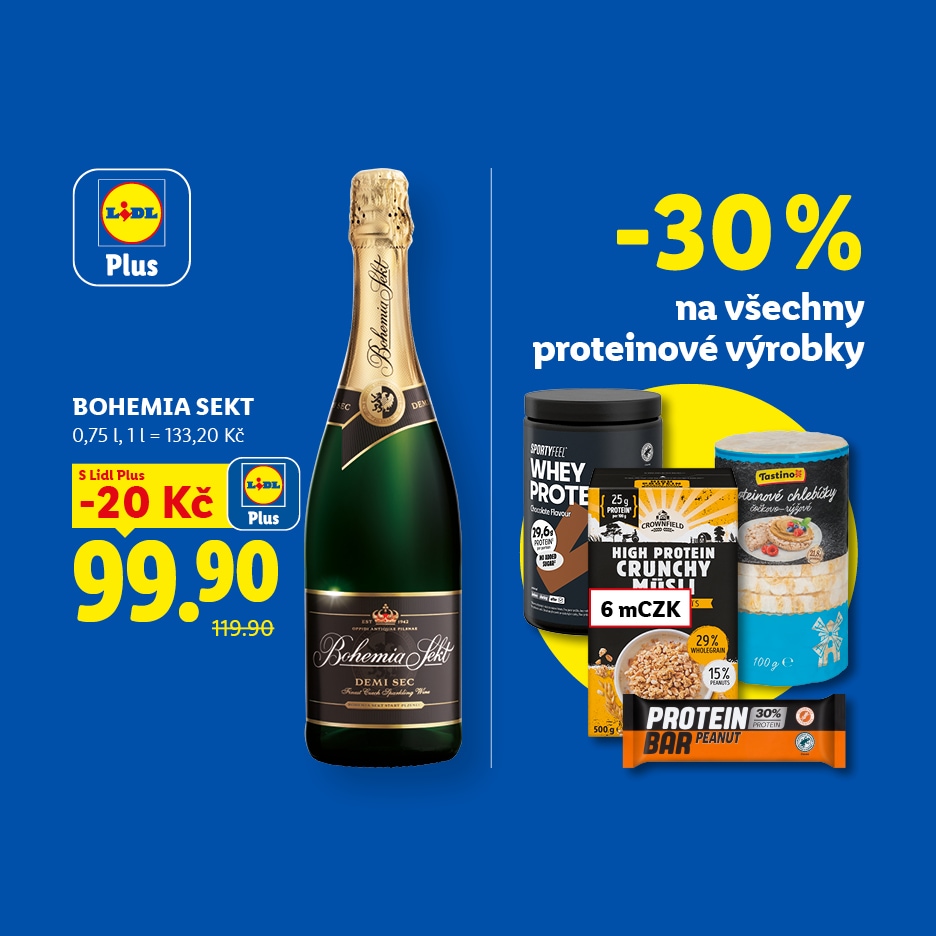 Láhev sektu a proteinové výrobky s akčními cenami a slevami.