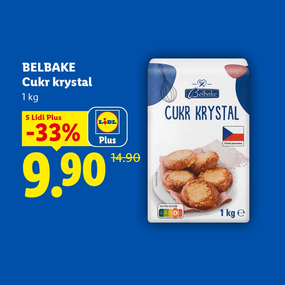 Bílý krystalový cukr v 1kg balení s 33% slevou za 9,90 Kč pro členy Lidl Plus.